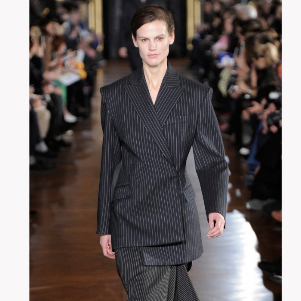 Stella McCartney Classic Pinstripe Asymmetric Wool Blend Jacket Coat Blazer, 38